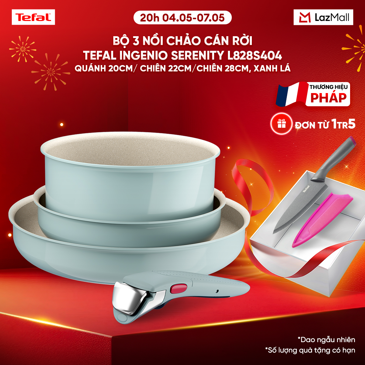 Bộ 3 nồi chảo cán rời Tefal Ingenio Serenity L828S404, quánh 20cm/ chiên 22cm/chiên 28cm, xanh mint pastel (xanh lá nhạt)