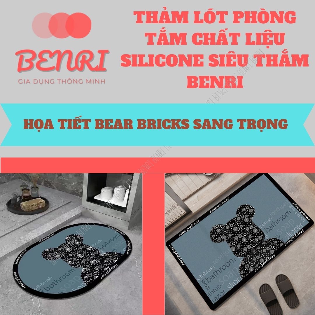 Thảm lau chân chùi chân SILICON BENRI chống trượt thấm nước nhà bếp nhà tắm phòng khách họa tiết gấu LV mã TLG