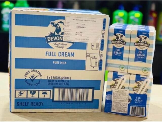 Thùng 24 hộp sữa nguyên kem không đường devondale 200ml