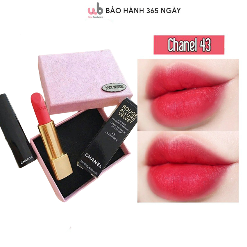 Son chanel 43 màu hồng ánh cam, rouge allure velvet,phù hợp nhiều tone da,tone màu quyến rũ,rạng ngời.