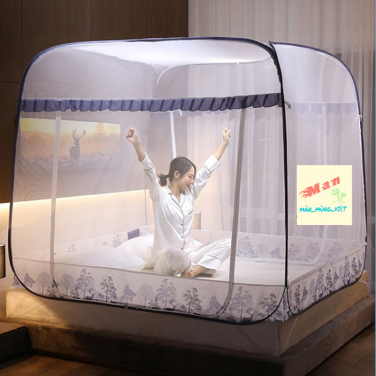 Màn chụp tự bung đỉnh vuông cường an- Mẫu mùng chụp tự bung có viền chân chống muỗi tuyệt đối