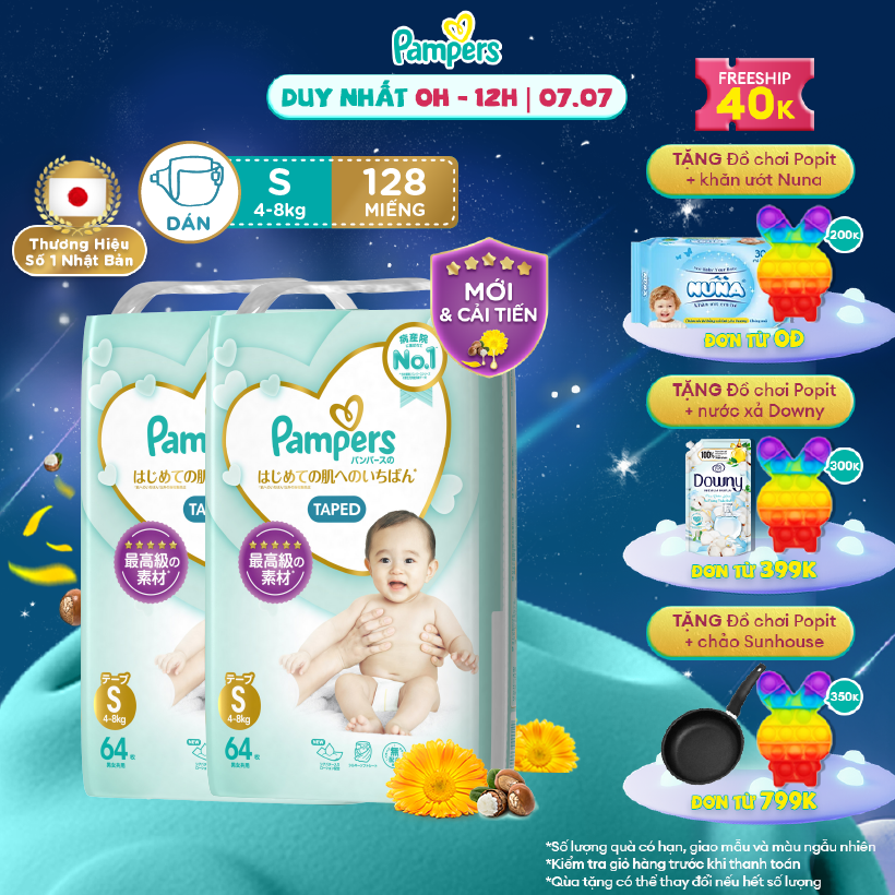 [7.7-9.7 MUA LÀ CÓ QUÀ] Combo 2 Tã/ Bỉm Dán PAMPERS Nhật Thượng Hạng Size S (64 miếng 4-8kg) Siêu Mềm Mịn & Thoáng Khí