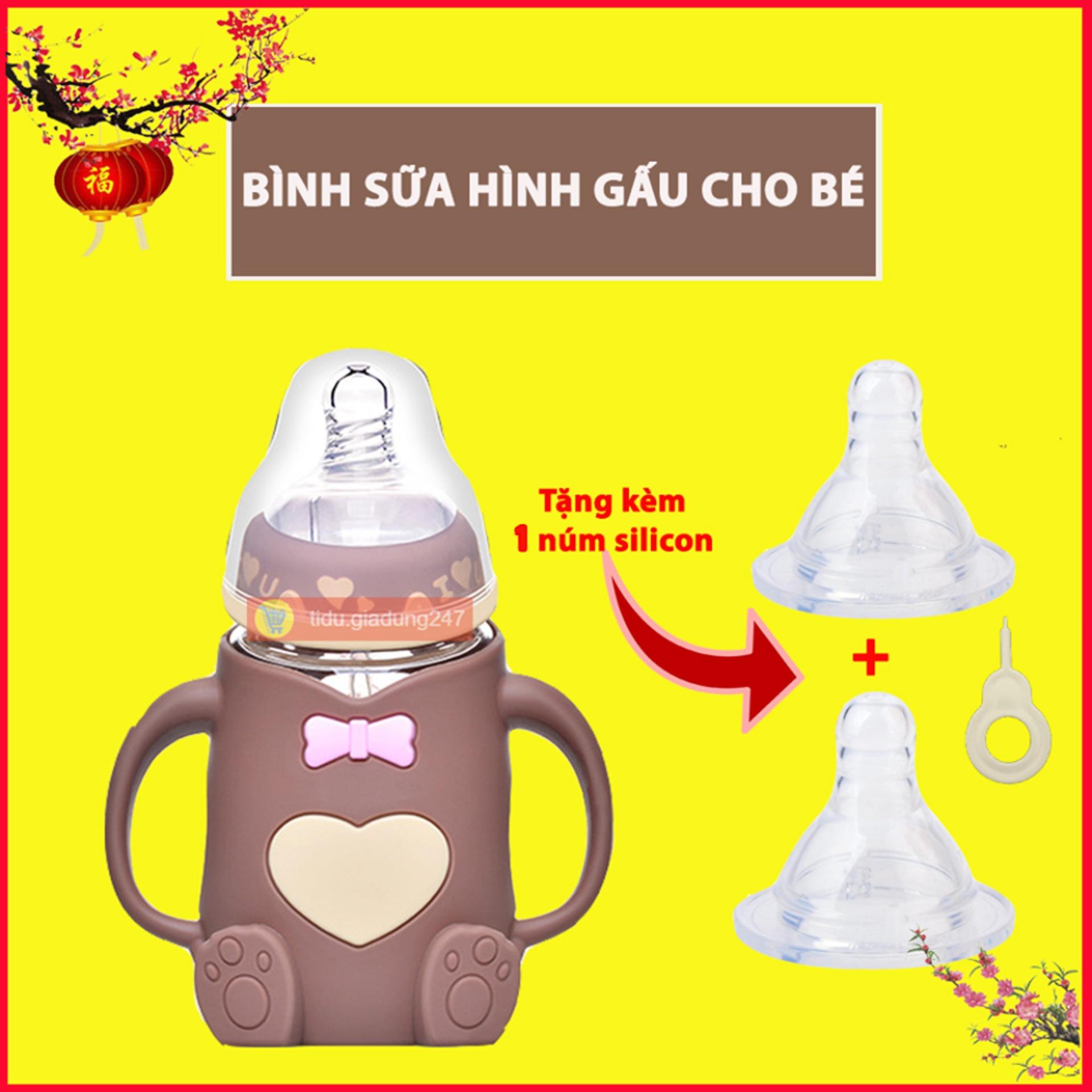 Bình sữa cho bé hình gấu - bình sữa, bình sữa cho bé, bình sữa rảnh tay, bình sữa chống sặc, bình sữa thủy tinh + Tặng kèm 2 đầu thay thế - TCMART