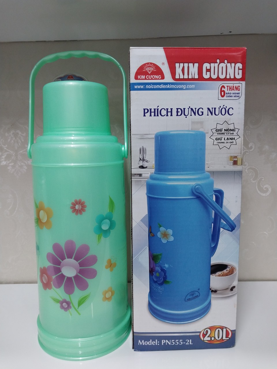Phích đựng nước nóng 2 lít kim cương cao cấp, Bình thuỷ giữ nhiệt