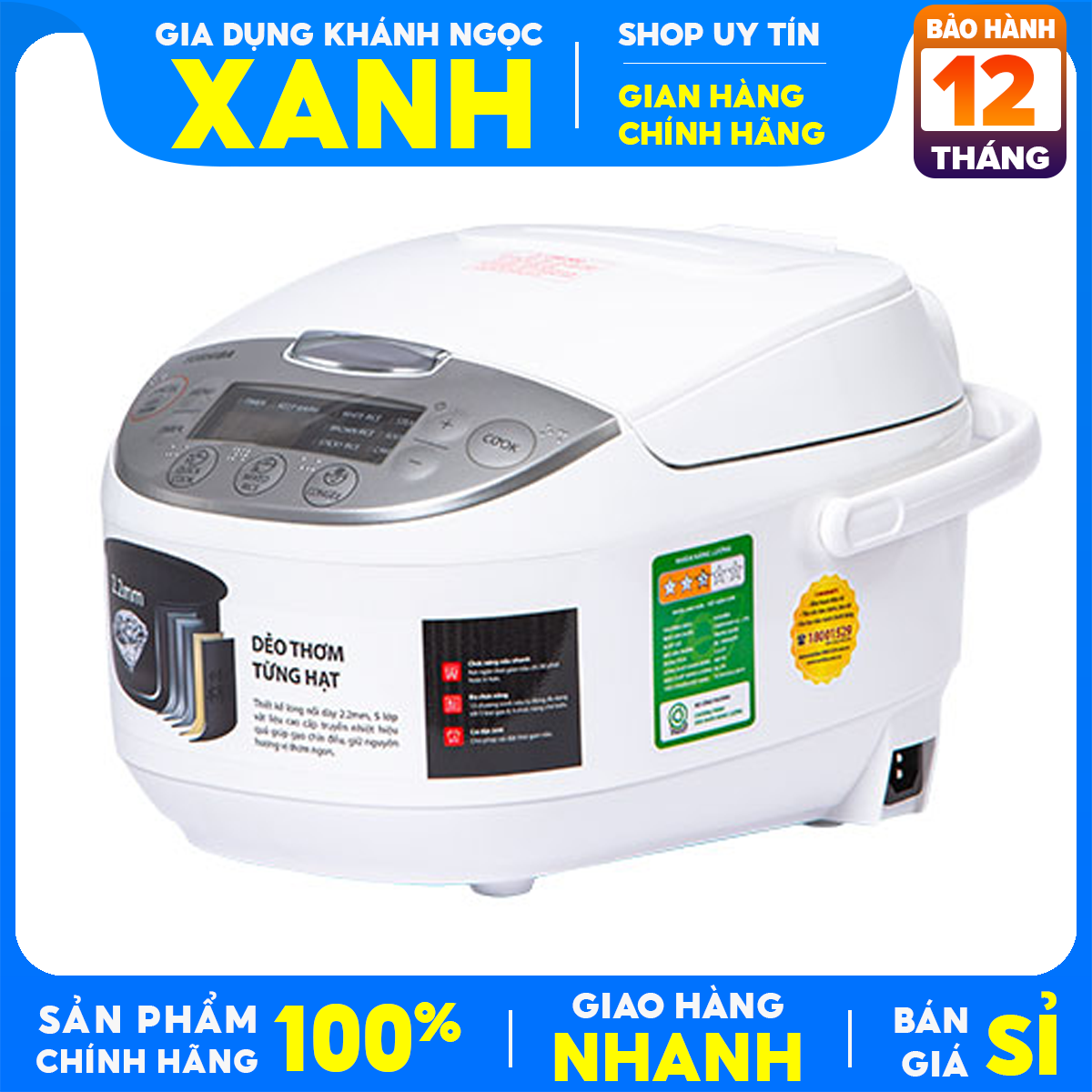 Nồi cơm điện tử Toshiba 1 lít RC-10DH2PV(W) Chính Hãng trưng bày 99% 1 lít 2 - 4 người ăn-Công suất:605 W Lòng nồi dày 2.2 mm chống dính