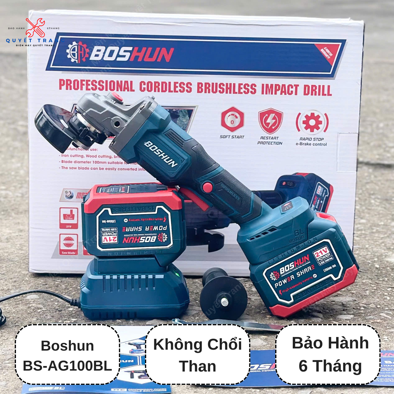 Máy Mài Pin BOSHUN BS:AG100BL Không Chổi Than 2 Pin 15 Cell Bảo Hành 6 Tháng