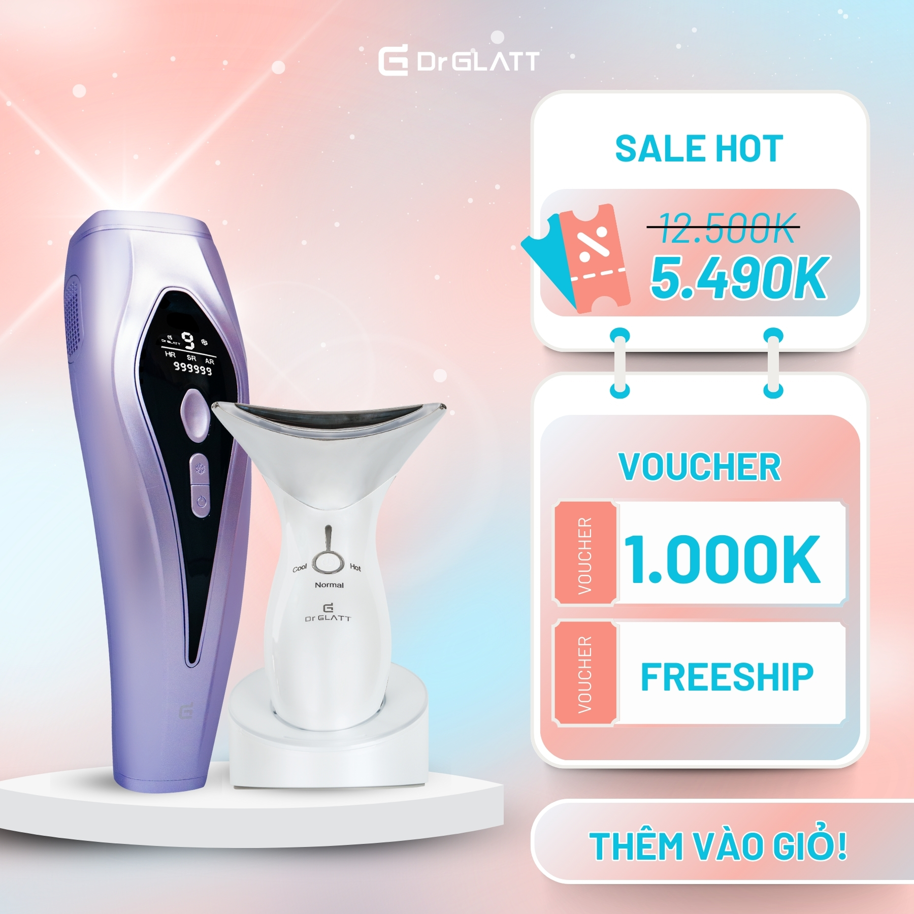 [HOÀN TIỀN 12%-VOUCHER 1.000K] Set máy triệt lông mini đa năng, máy massage mặt - triệt lông vĩnh viễn, nâng cơ chống nhăn, tăng sinh collagen DR GLATT