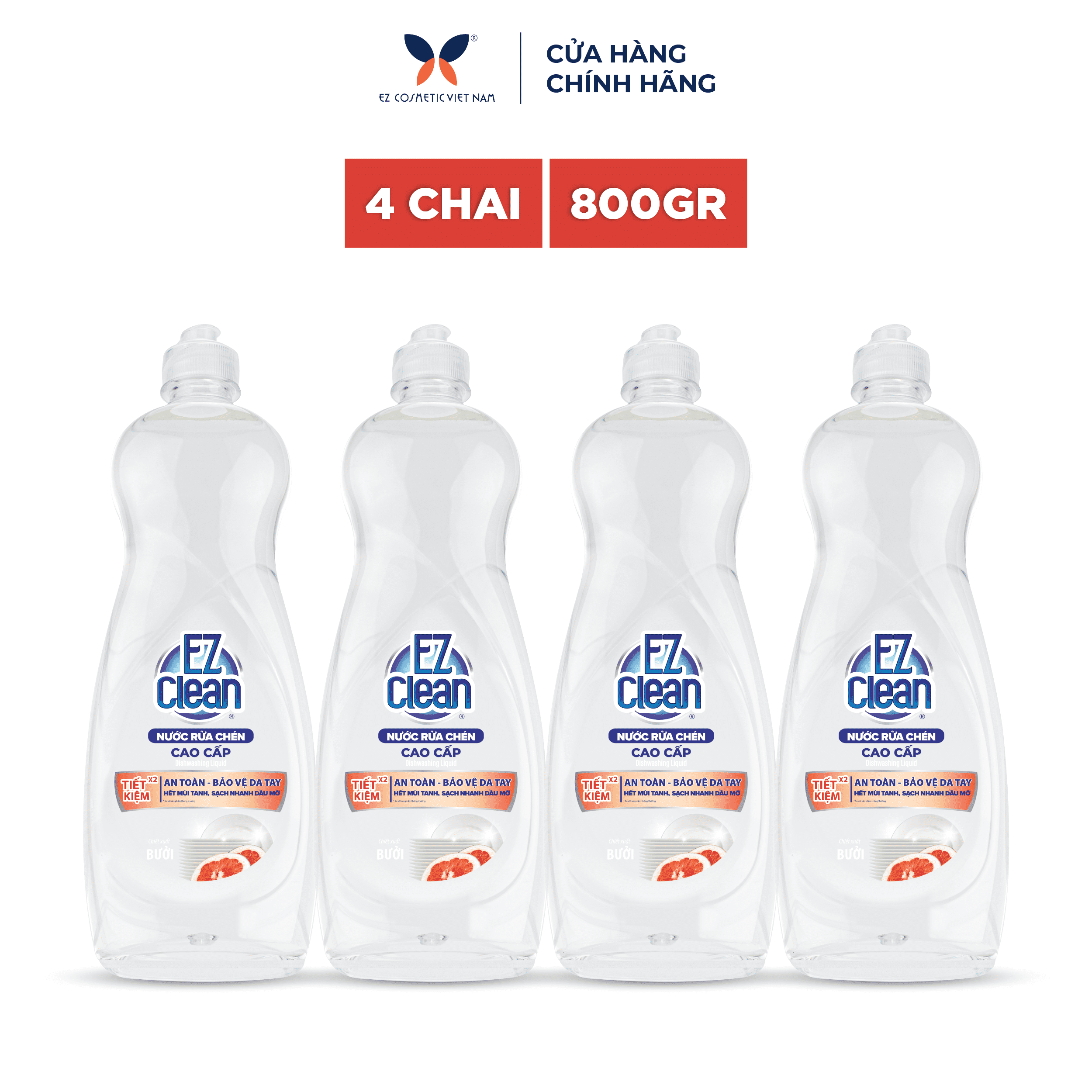 Combo 4 Nước Rửa Chén Bát EZ Clean chai 800gr làm sạch nhanh dầu mỡ 100% không phẩm màu độc hại gốc thực vật dịu nhẹ bổ sung vitamin E