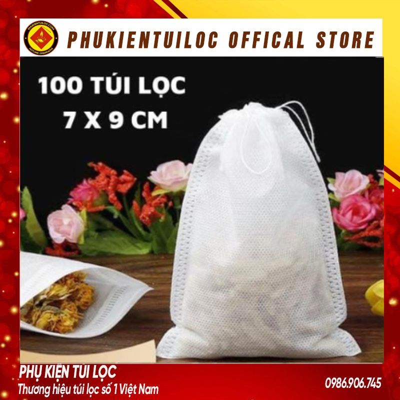 Bộ 100 chiếc túi lọc trà 7x9 cm có dây rút bằng vải không dệt