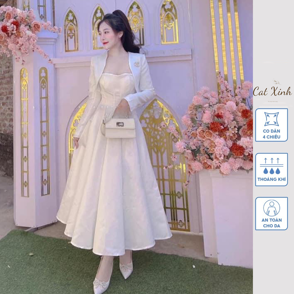 Đầm kèm áo khoác dk45 thiết kế kiểu dáng xòa kèm áo khoác đính nơ đá sang trọng thời trang xinh sắn