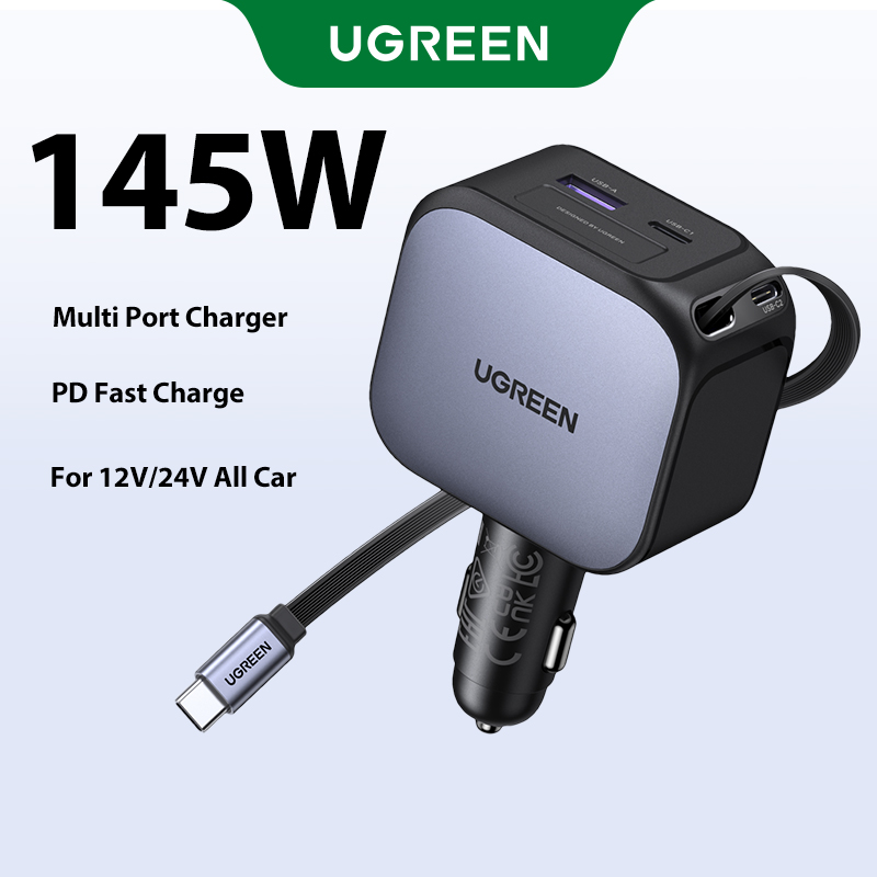 Ugreen Multi-Port Car Charger 145W 60W Car Charger Pd60W Fast Charging Usb-C Retractable Cable for iPhone 16 Pro Max Samsung S25 / S24 MacBook Air Suv Truck Laptop Phone Tablet Giá 599,000 Đồng*Miễn phí vận chuyển