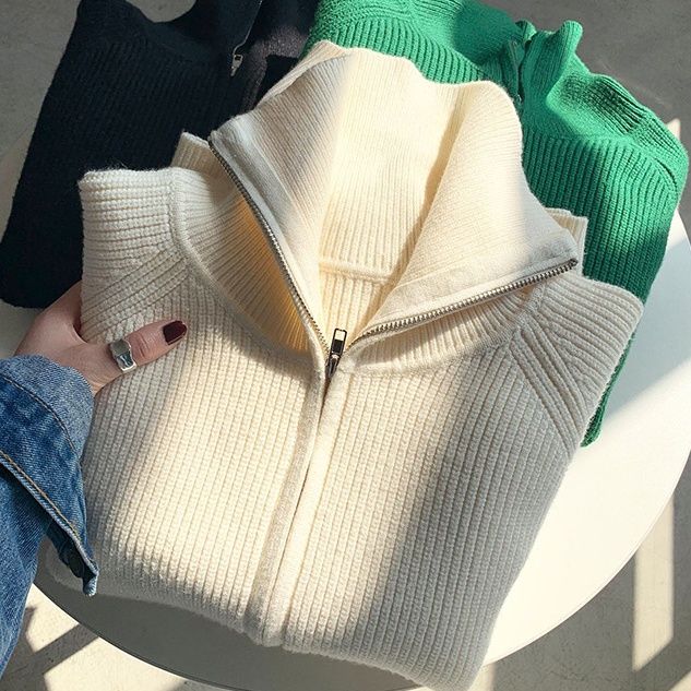 Nhà Máy Áo Len Puyuan Áo Khoác Len Dây Kéo Cổ Lật Nữ ins Mùa Thu Và Mùa Đông Mới 2022 Áo Cardigan Dệt Kim Rộng Rãi