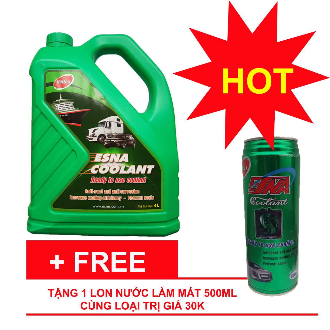[QUÀ TẶNG] Nước làm mát động cơ ô tô (màu xanh) Esna Coolant 4L tặng lon 500ml