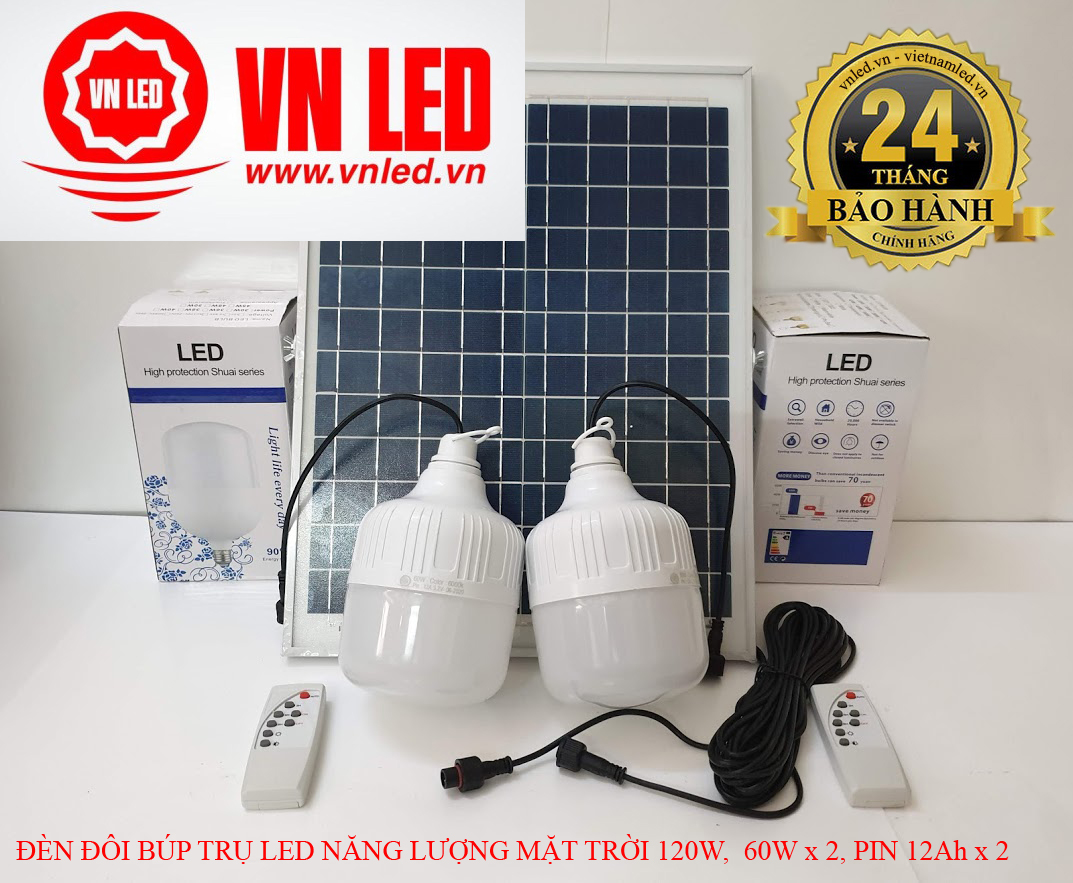 Đèn đôi búp trụ led năng lượng mặt trời 120w, 60w x 2, pin 12ah x 2
