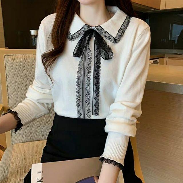 Áo len cổ nơ ren