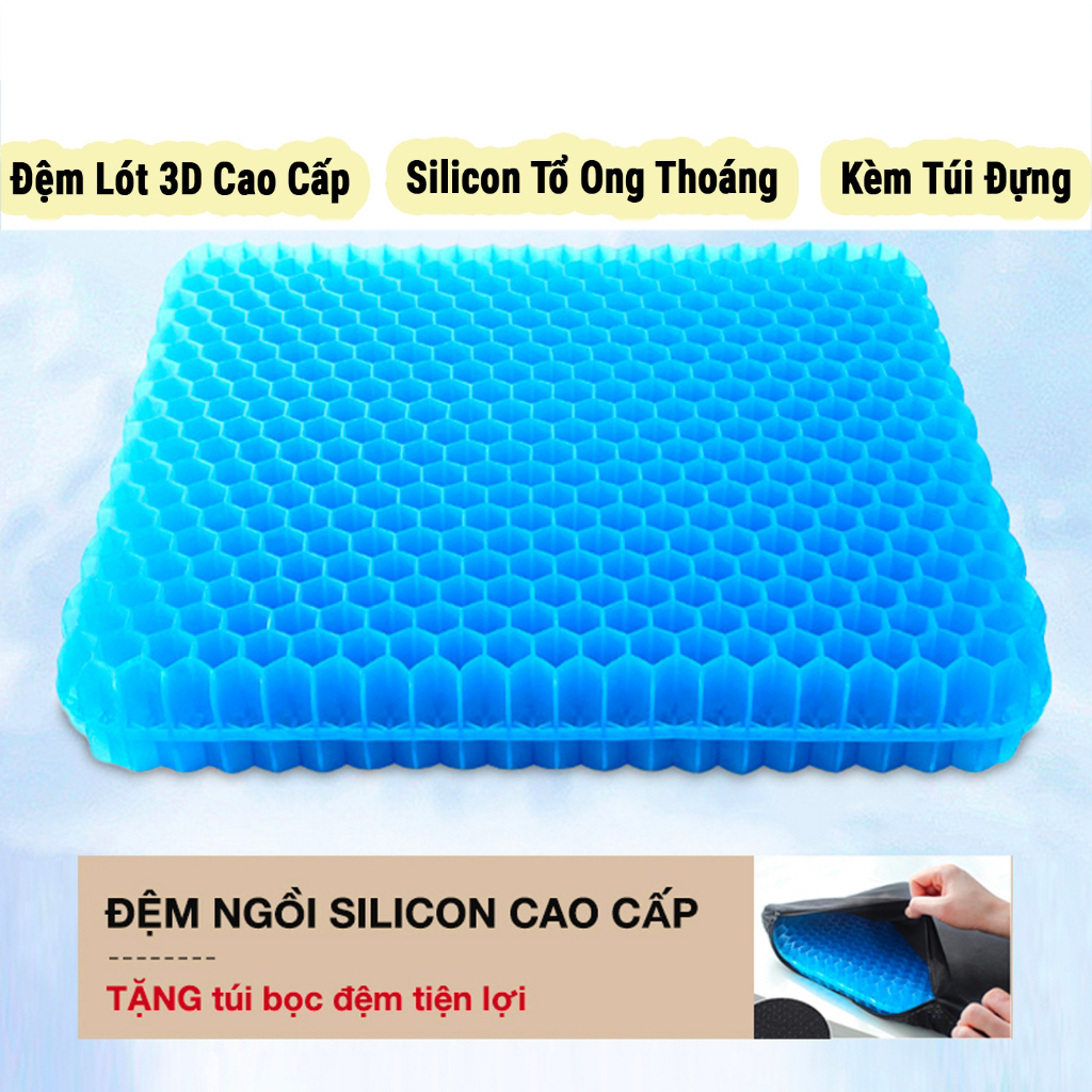 Đệm ngồi gel silicon tổ ong cao cấp, nệm lót ghế 3D thoáng khí mềm mại chống mỏi lưng, thâm mông 3 kích cỡ. Tặng bọc đệm