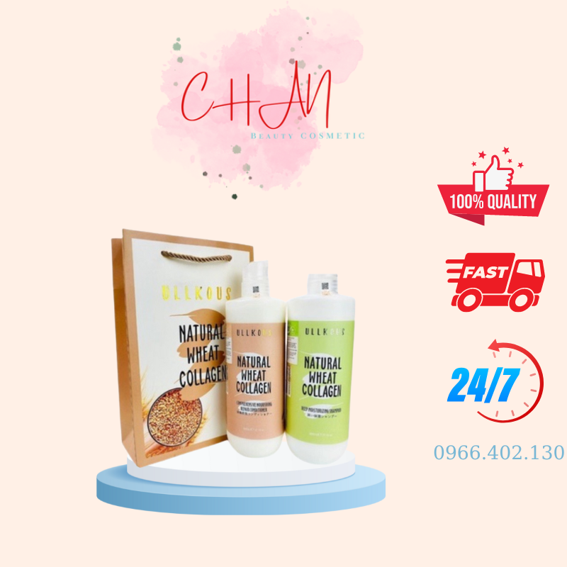 Cặp dầu gội xả ullkous natural wheat collagen 500ml x2