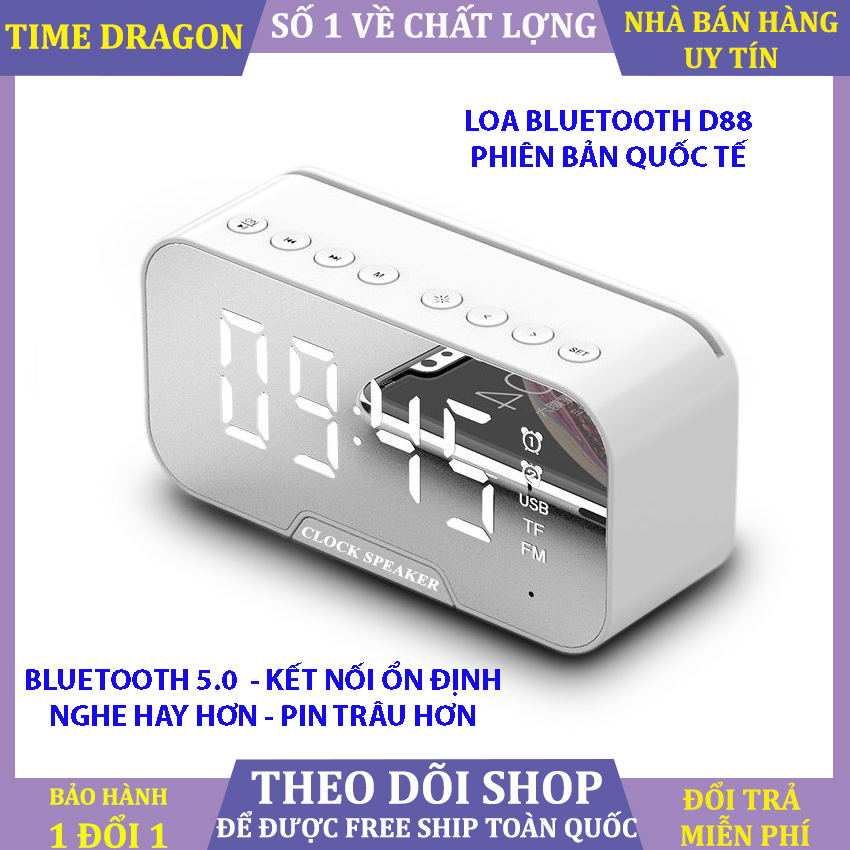 Loa bluetooth clock speaker D88 phiên bản quốc tế cao cấp loa không dây mặt kính tráng gương loa hiển thị giờ, có đo nhiệt độ phòng tương thích với mọi điện thoại