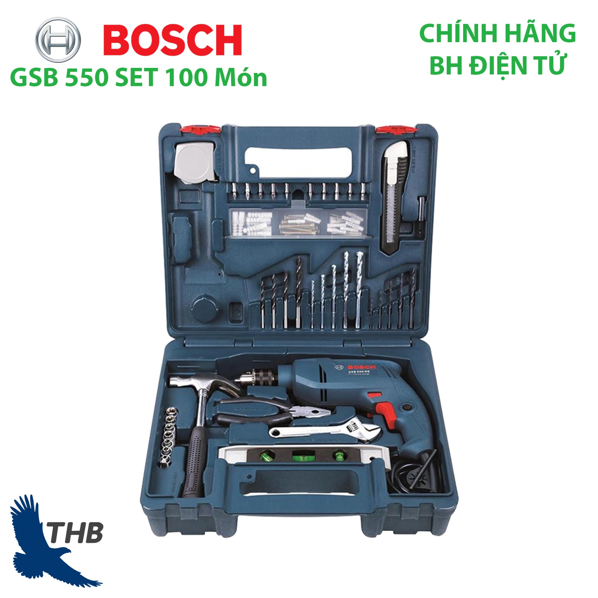 Bộ máy khoan gia đình Khoan động lực GSB 550 Set 100 Kèm hộp nhựa và phụ kiện 100 món bảo hành điện tử 12 tháng
