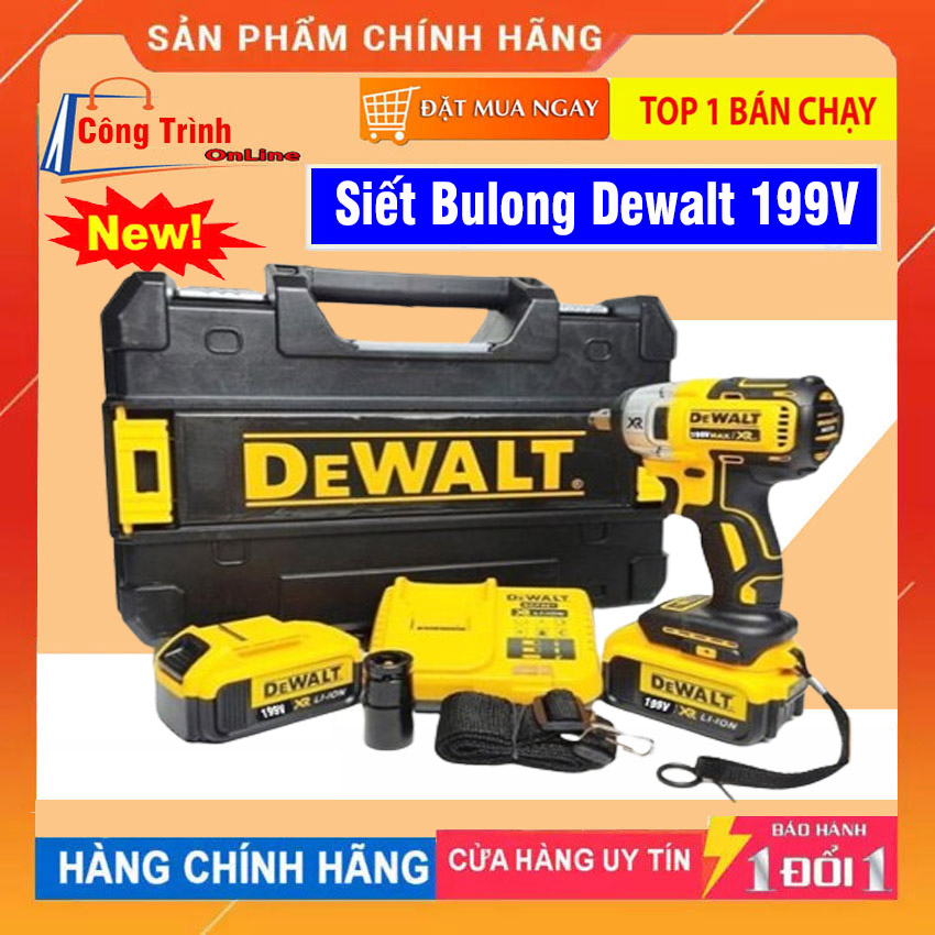 Máy siết bulong DEWALT 199V 880N.mVali Máy Khoan Sửa Ô Tô chuyên mở vít tôn lực siết mạnh không chổi than tặng kèm đâu bulong 22mm