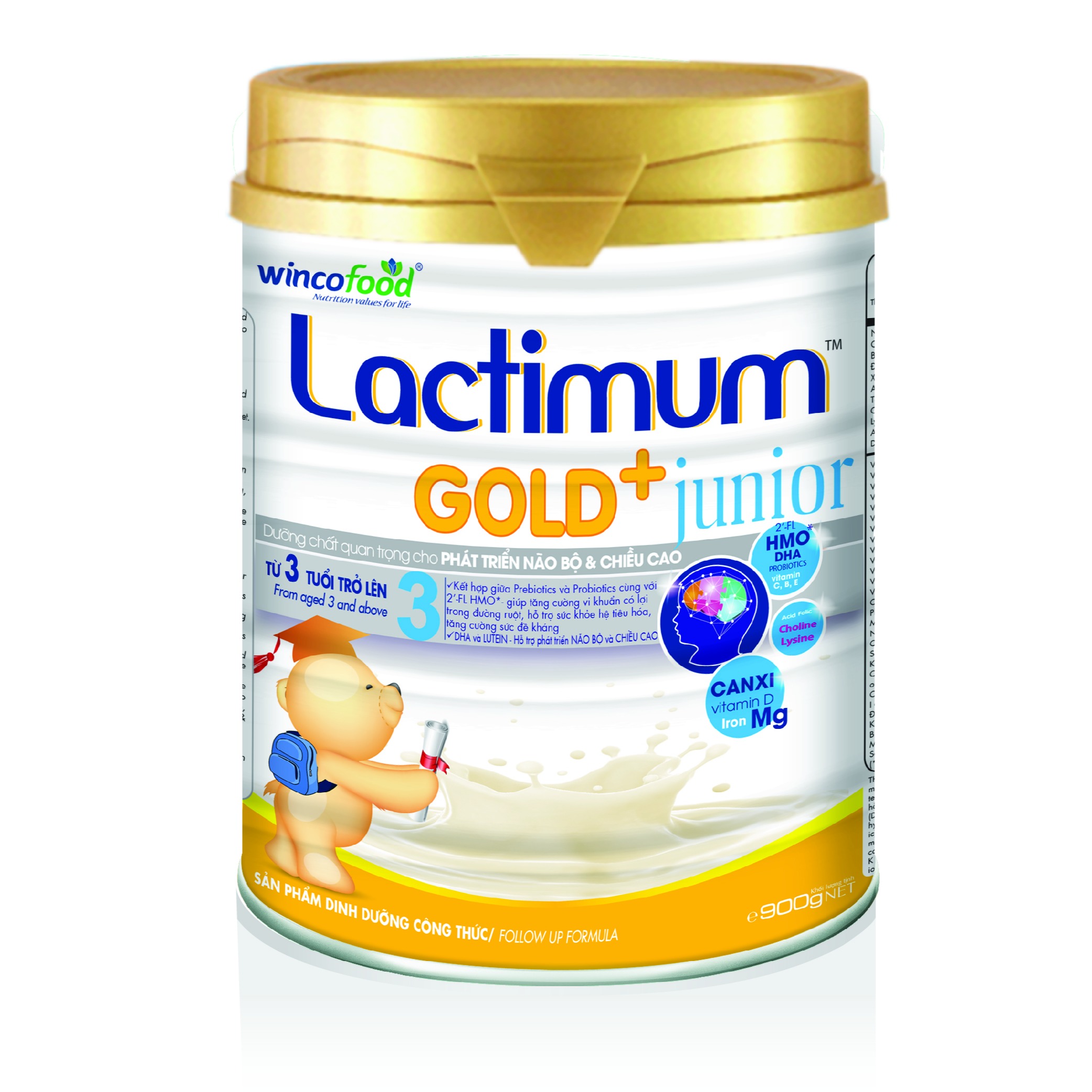 Dinh dưỡng công thức Lactimum GOLD+ junior Lon 900g: Dinh dưỡng dành cho trẻ từ 3 tuổi trở lên; với sự kết hợp prebiotics & probiotics cùng với (2’-FL HMO) giúp hỗ trợ hệ tiêu hóa, DHA và LUTEIN giúp phát triển trí não và chiều cao