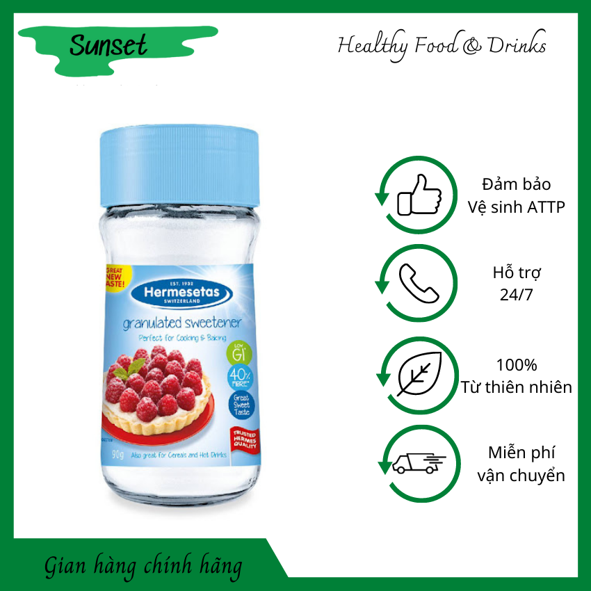 Đường ăn kiêng hermesetas lọ 90g nhập khẩu thuỵ sỹ. lượng calo thấp, cung cấp chất xơ. phù hợp người giảm cân, ăn kiêng, tiểu đường, huyết áp. chế độ ăn eatclean, healthy. đường ăn kiêng hermesetas sunset shop