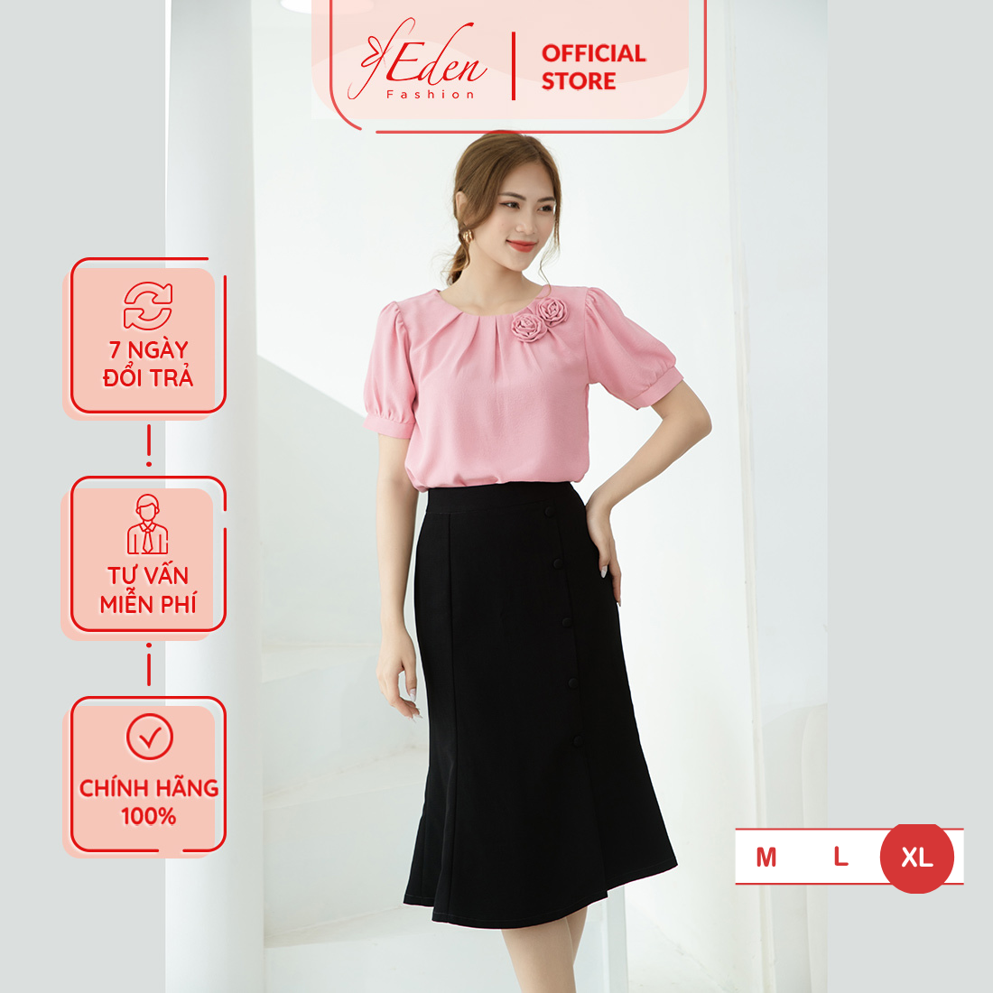 Áo sơ mi kiểu công sở nữ thời trang Eden cổ xếp li gắn hoa - ASM163