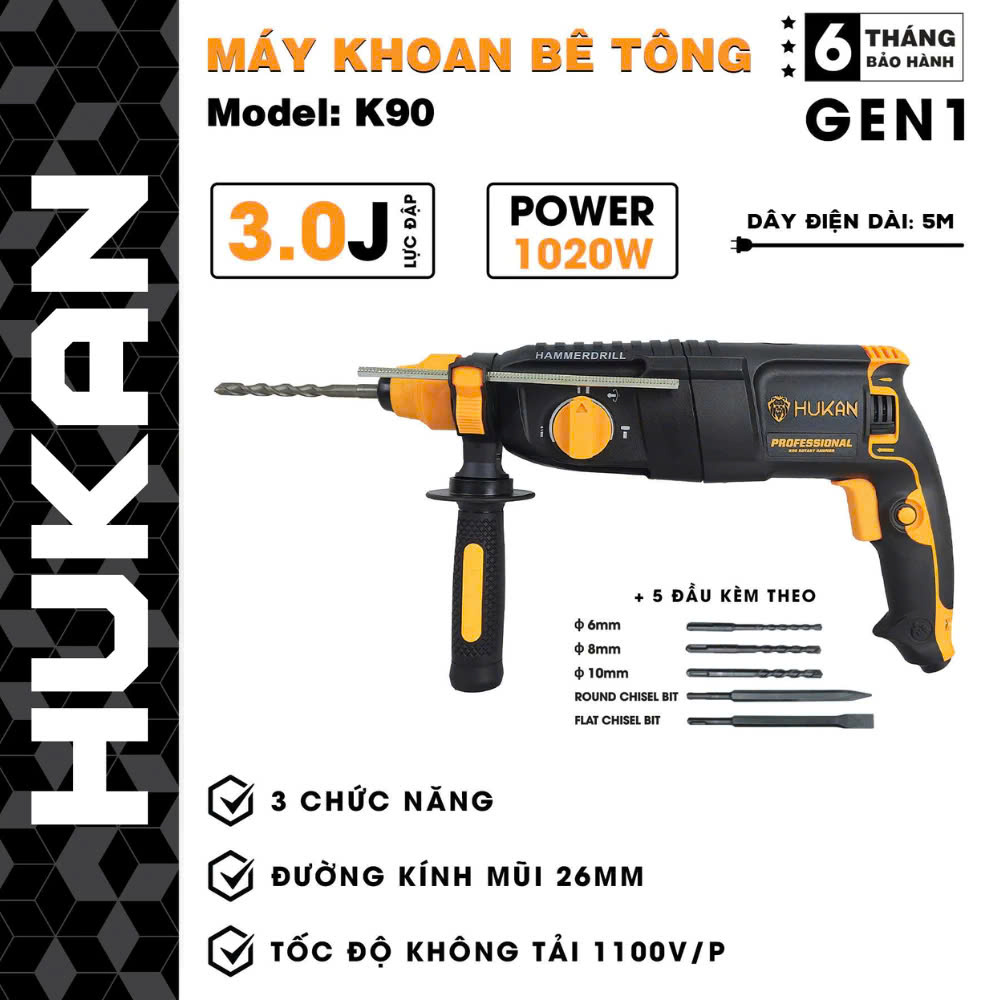 Máy Khoan Bê Tông Điện Cầm Tay HUKAN K90 Công Suất 1020w 3 Chức Năng