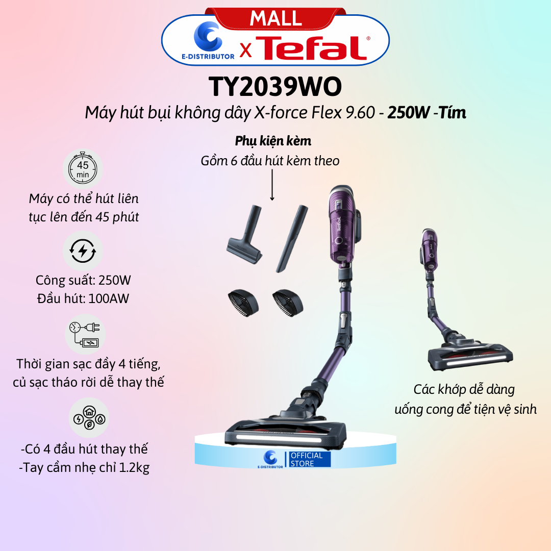 Máy hút bụi không dây X-force Flex 9.60 TY2039WO - Tím - Hàng Chính Hãng - - Công suất: 250W - Đầu hút: 100AW - Thời lượng pin: 45 phút Giá 11,990,000 Đồng*Miễn phí vận chuyển