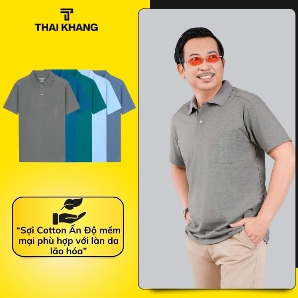 Áo thun nam tay ngắn trung niên có túi form rộng rãi loại áo sơ mi có cổ trung niên thiêu túi ATK7