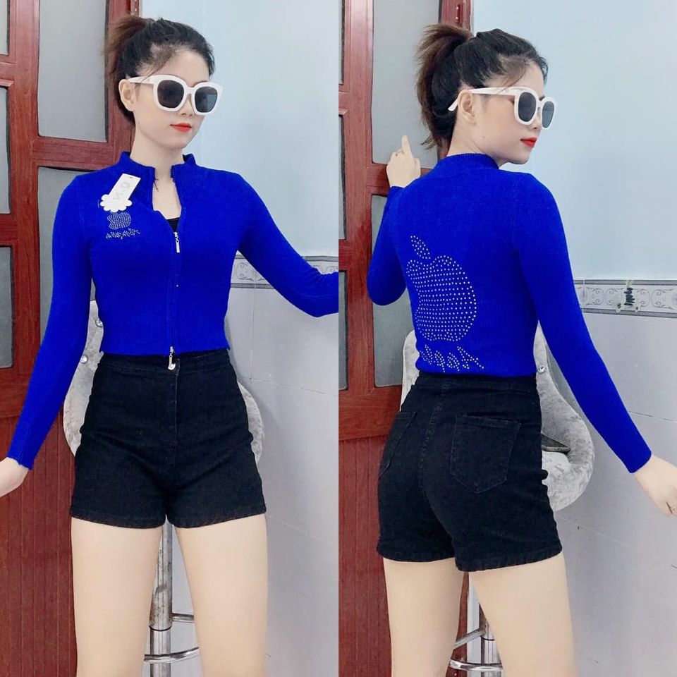 Áo khoác len croptop dây kéo đôi đính hạt sau lưng