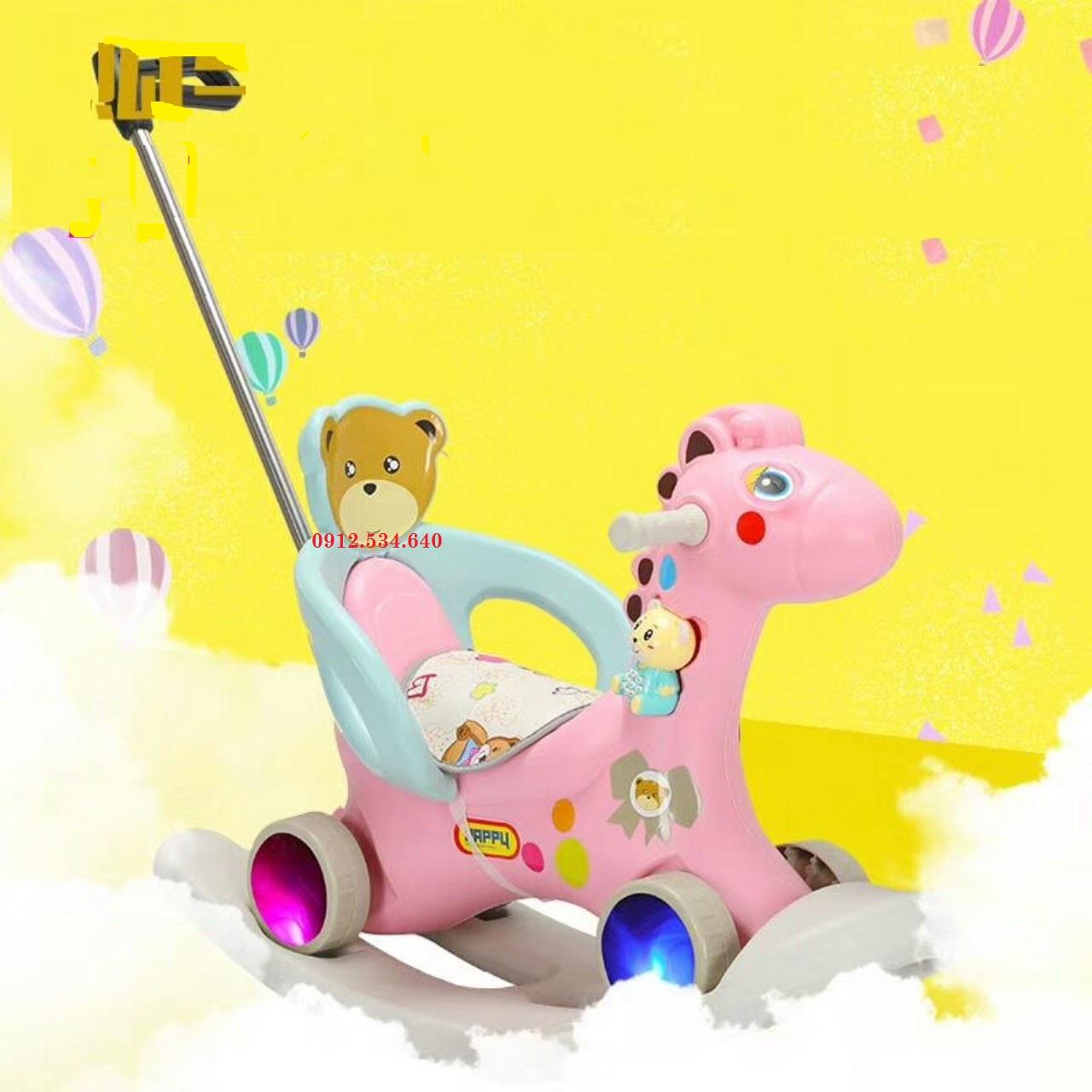 NGỰA BẬP BÊNH KIÊM XE ĐẨY, XE CHÒI CHÂN 3IN1 - CÓ NHẠC, BÁNH PHÁT SÁNG