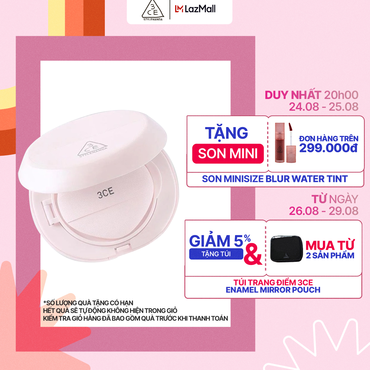 Phấn nước 3ce bare cover cushion 15g che phủ tự nhiên, chống tia uv spf40, pa ++
