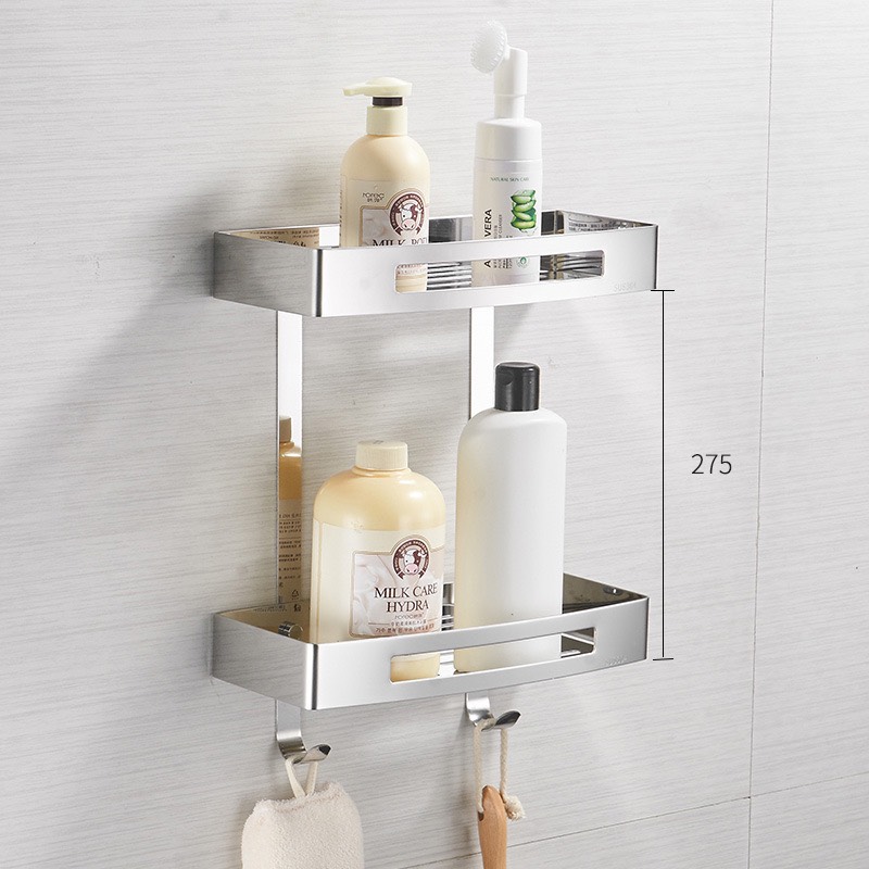 Kệ phòng tắm LOẠI 1 SÁNG BÓNG- kệ inox 304 CHỮ NHẬT để sữa tắm, dầu gội đầu 2 tầng có móc treo
