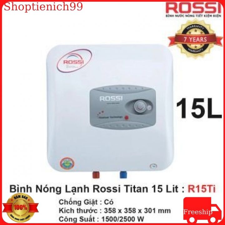 [TRÁNG KIM CƯƠNG] Bình Nước Nóng Vuông 15L  Rossi Ruột Tráng Kim Cương Cao Cấp