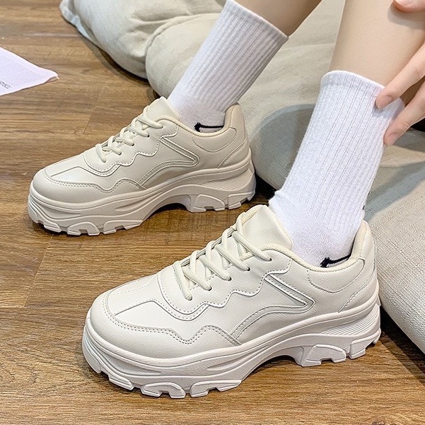 Giày sneaker thể thao ulzzang độn đế tăng chiều cao basic màu kem đế răng cưa