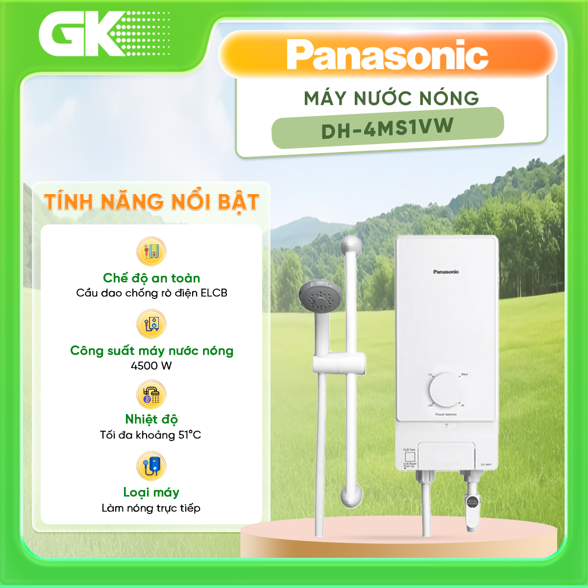 Máy nước nóng panasonic dh-4ms1vw 4.5kw 1.7kg nguồn điện ac 220v/50hz tính năng chống khuẩn ion ag+ bảo hành 12 tháng - giao toàn quốc