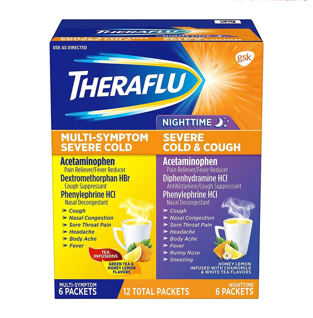 Theraflu Giảm Cảm Lạnh Cảm Cúm và Ho Theraflu Multi-Symptom + Nighttime Severe Cold & Cough 12 gói
