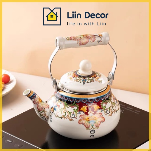 Ấm trà tráng men hoa, ấm pha trà dùng trên bếp từ, ấm đun nước Liin Decor