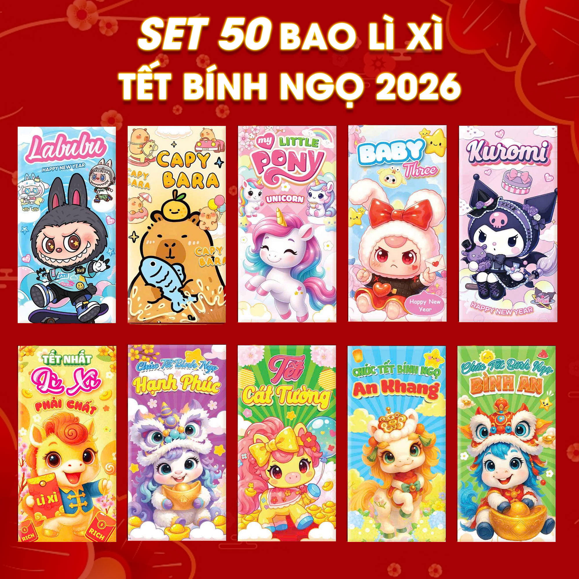  Set 50 bao lì xì  mẫu ngẫu nhiên  siêu đẹp TẾT BÍNH NGỌ 2026 labubu baby three,.. hot trend - Shop Chú Tư 