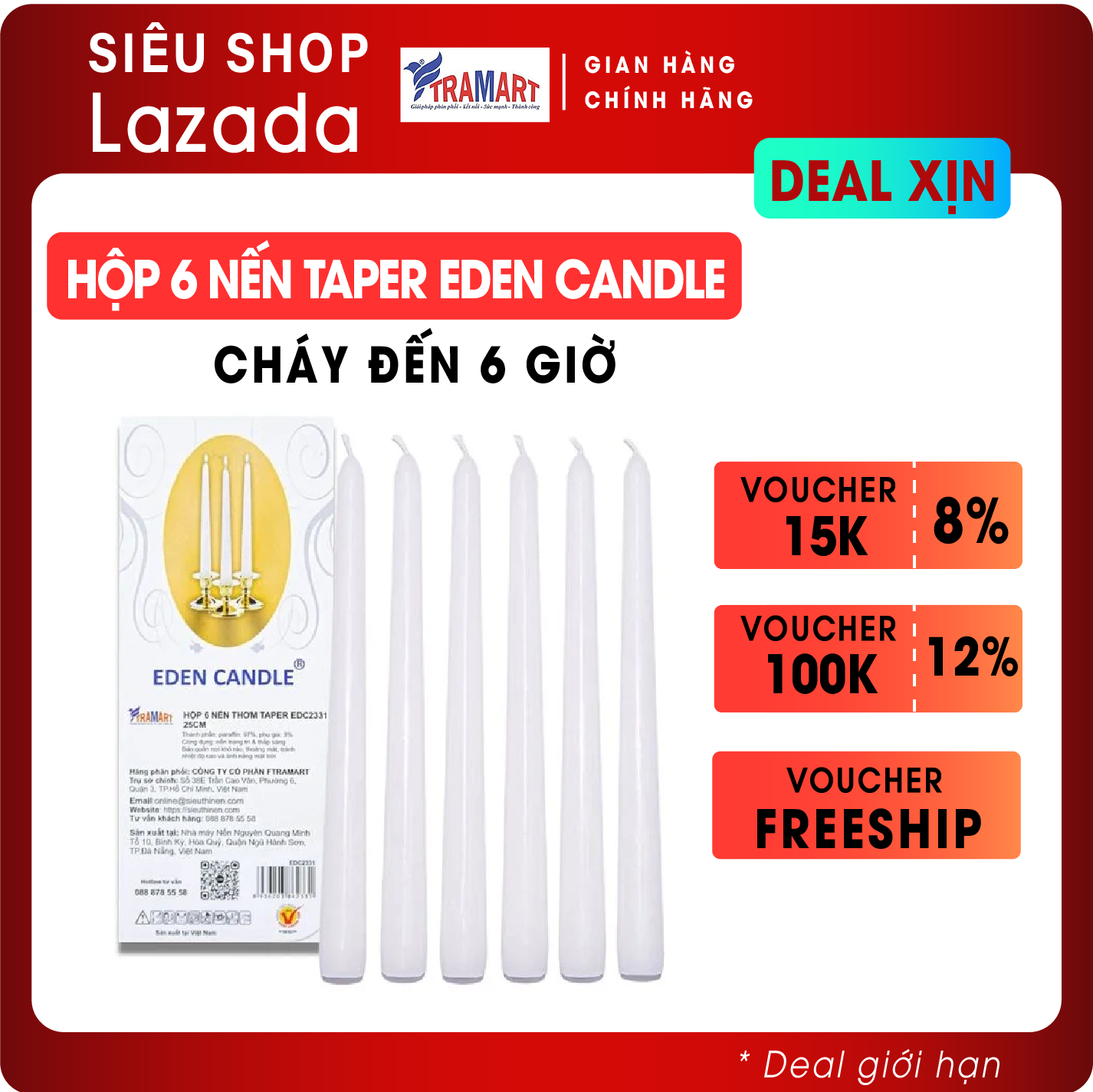 Nến thơm, nến taper Hộp 6 nến thơm taper Eden Candle FTRAMART EDC2331 25cm (Trắng)