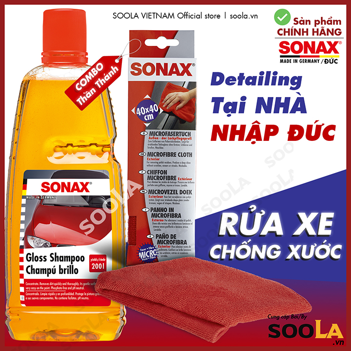 Combo nước rửa xe sonax và khăn siêu sợi cao cấp sonax chính hãng 314300 416200