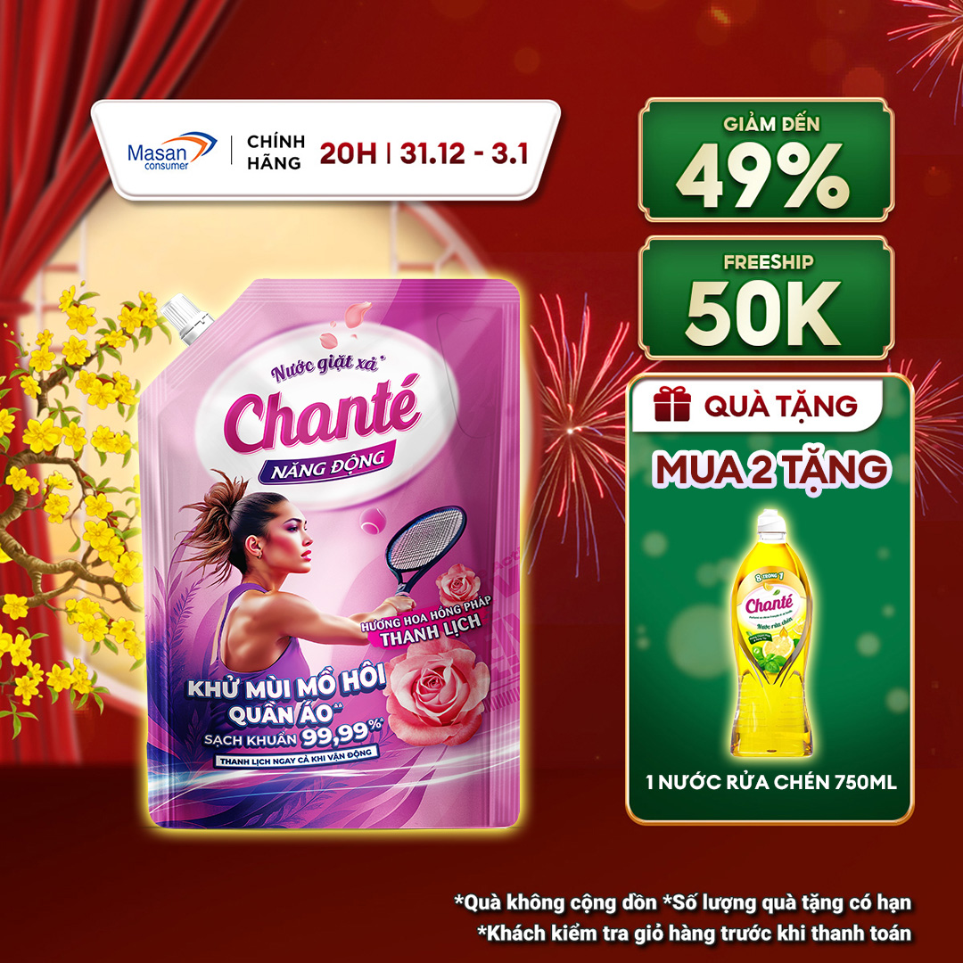   15.12-29.12 Voucher 18% CHO ĐƠN TỪ 159K Nước giặt xả Chanté Active cao cấp 8 trong 1 túi x 3.2kg 