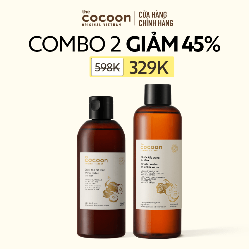 COMBO 1 Bigsize - Nước tẩy trang bí đao Cocoon tẩy sạch makeup  giảm dầu 500ml + 1 Bigsize Gel bí đao rửa mặt Cocoon 310ml