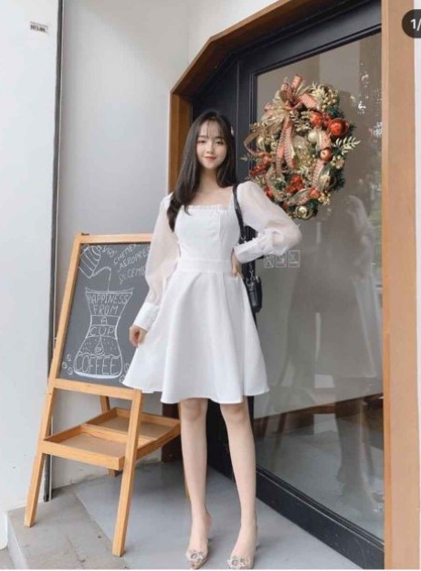 Đầm Trắng Xòe Tay Phồng Dễ Thương