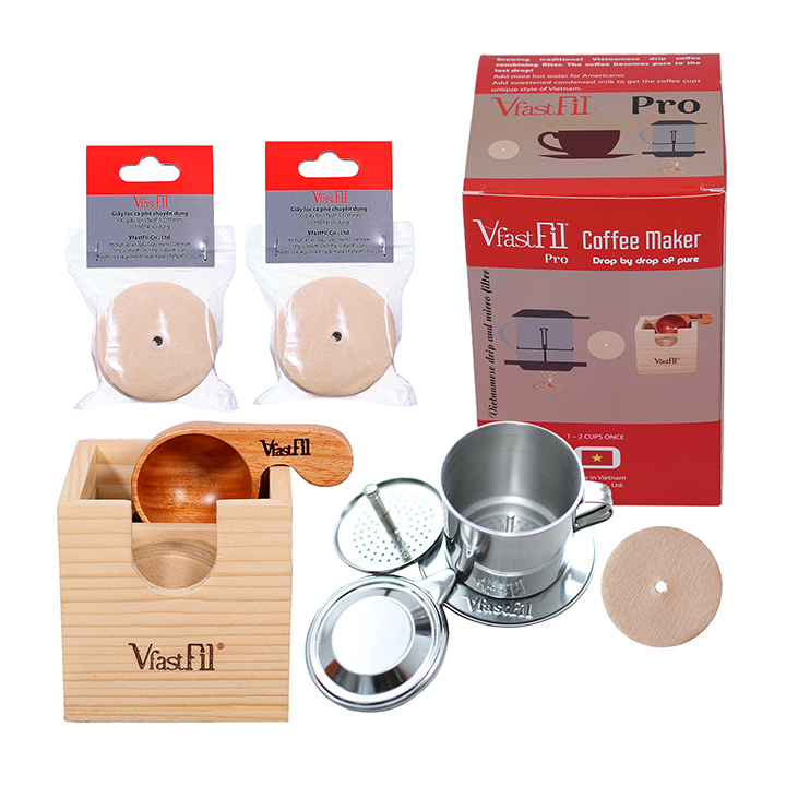 Bộ kit cafe phin VfastFil Pro, sử dụng giấy lọc cafe pha phin: Phin cafe inox cải tiến+200 giấy lọc cafe+Muỗng gỗ Pro đong 10g cafe+Hộp gỗ thông