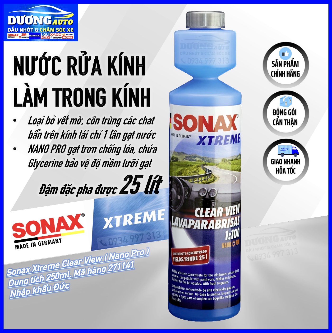Sonax nước rửa kính và làm trong kính lái - sonax xtreme clear-view wiper wash 1:100 concentrate 250ml - sonax 271141 - nhập khẩu đức - dung dịch châm két phun nước rửa kính chắn gió sonax, nước rửa kính sonax