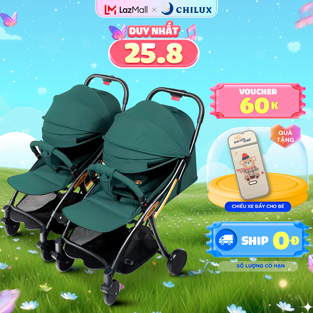 Xe đẩy đôi chilux d23 - tách 2 xe đẩy đơn, kiêm ghế ô tô, giỏ xách tiện lợi, gấp gọn, giảm xóc, bảo hành chính hãng 3 năm