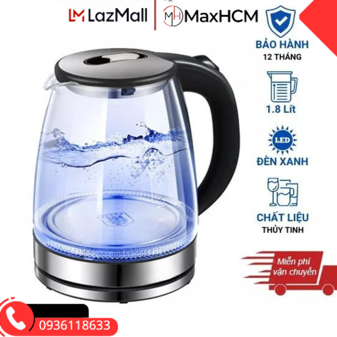 Ấm điện đun nước KAW bằng thủy tinh, Ấm nước, Bình đun siêu tốc giá rẻ, Bình Đun Siêu Tốc KAW RK1818, 1.8L, An Toàn, Chịu Va Đập Cao, Công Suất 1800W, Bảo Hành Toàn Quốc