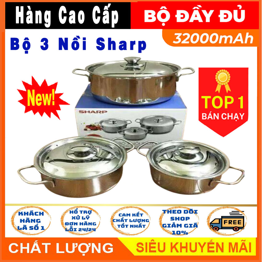 Combo Bộ nồi inox 304 chảo chống dính 24cm và xửng hấp 24cm Sharp 3 đáy từ, quai vuông